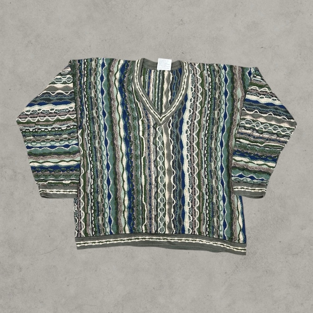 Coogi Sweater Mens XL Multicolor 3D Cable Knit Retro 90s Hip Hop V Neck Tennis